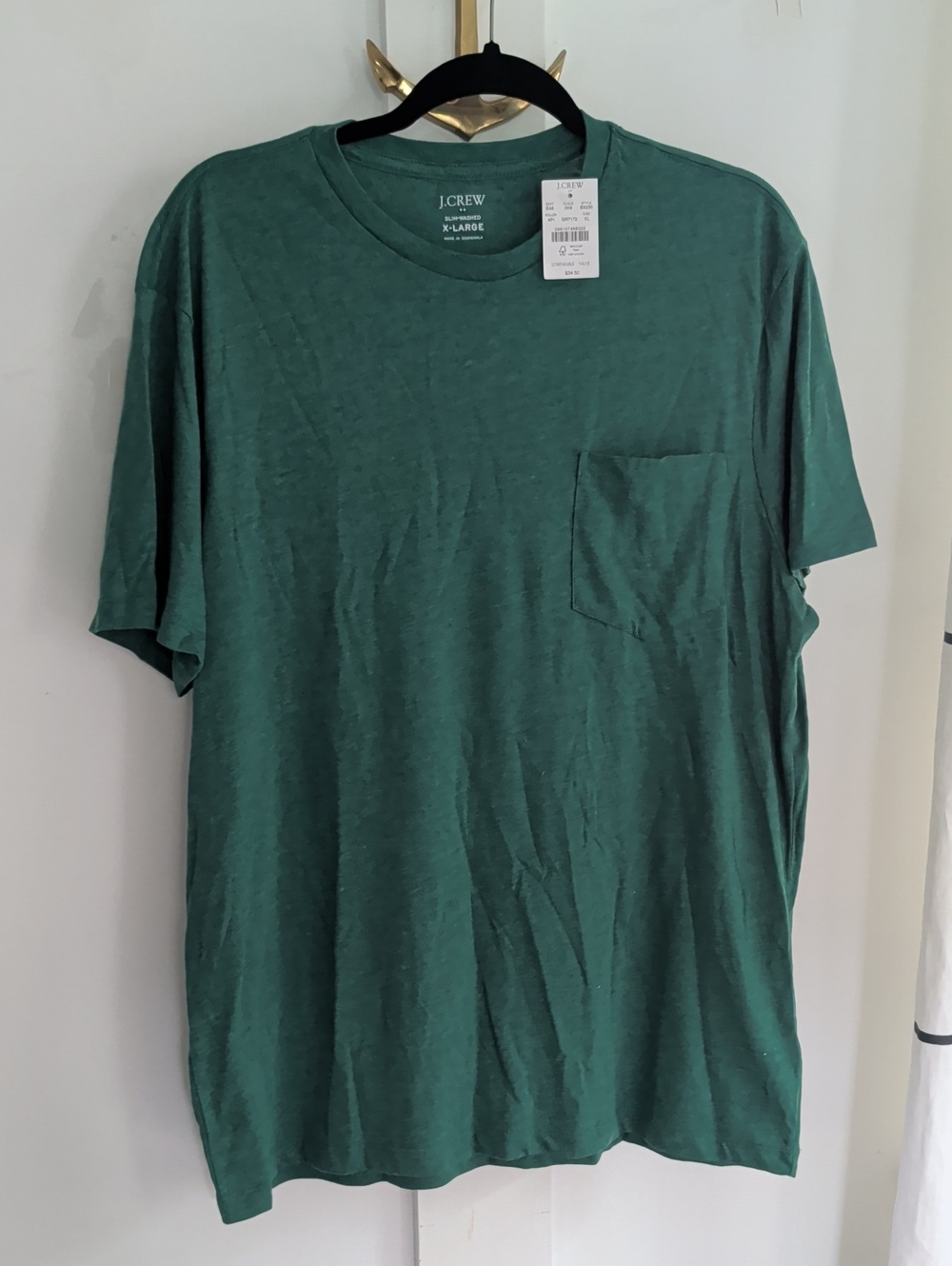 NWT J. Crew Slim-Washed XL Men's Green Front Pocket Short Sleeve Tee T-Shirt